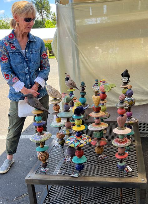 Pottery Totems, Garden Stacks, Ceramic Totem, Ceramic Totems, Totem Pole Art, Garden Totems, Pole Art, Ceramic Garden, Hand Built Pottery