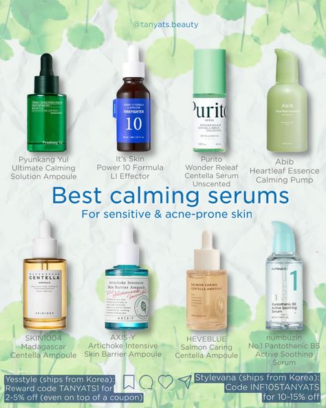 🍃 Best calming serums for sensitive & acne-prone skin: ▫️ Pyunkang Yul Ultimate Calming Solution Ampoule — A powerful calming blend of various herbal extracts. I highly recommend this serum, along with the cream from this line, for those with oily and combination acne-prone skin. ▫️ It’s Skin Power 10 Formula LI Effector — My favorite serum to reduce redness. The star ingredient here is licorice extract. ▫️ Purito Wonder Releaf Centella Serum Unscented — They recently upgraded the formula,... Best Serums For Acne Prone Skin, Redness Skincare, Centella Serum, Combination Skin Care Routine, Sensitive Acne Prone Skin, Pyunkang Yul, Sensory Friendly, Best Serum, Acne Serum