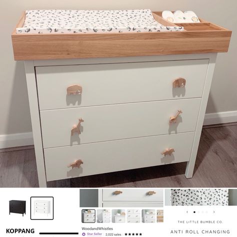 Chest of drawers : Ikea koppang £70 Handles: Woodandwhistles on Etsy £30 Changing top: hand made by handy husband Changing mat: the little bumble co Instagram Baby Changing Table Ikea, Koppang Dresser Nursery, Koppang Ikea, Ikea Koppang Dresser Nursery, Nursery Nappy Changing Furniture, Koppang Dresser Hack, Ikea Drawers Changing Table, Hemnes Change Table, Ikea Drawers Baby Changing