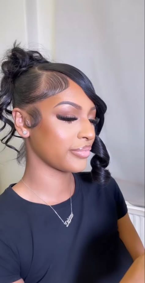 High Bun With Swoop Weave, Real Hairstyles For Black Women, Slick Bun With Side Bangs, Messy Bun Black Women Weave, Homecoming Hair Ponytail, Updo With Side Part, High Bun With Swoop, Bang With Ponytail, Barbie Bun