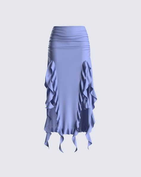 Summer Party Maxi Skirt In Elastane, Ruched Draped Maxi Skirt For Party, Fitted Draped Maxi Skirt For Spring, Draped Ruched Maxi Skirt For Party, Ruched Draped Flowy Skirt, Elegant Blue Ruffled Maxi Skirt, Ruched Flowy Skirt For Party, Draped Flowy Ruched Bottoms, Elegant Blue Maxi Skirt With Ruffles