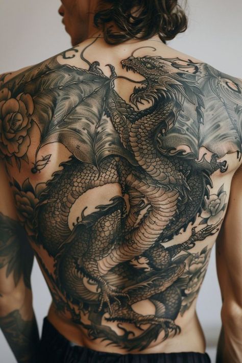 Dragon Tattoos For Men Back, Horse Back Tattoo, Back Tattoos Dragon, Western Dragon Tattoo, Dragon Back Tattoos, Mens Chest Tattoos Ideas, Back Dragon Tattoo, Dragon Back Tattoo, Dragon Tattoo Chest