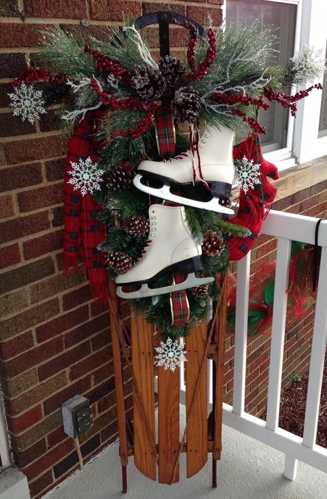 Scarf, mittens and skates! Old Sleigh Christmas Decor, Old Sled Christmas Decor, Old Sleds Decorated For Christmas, Christmas Sled Decoration, Christmas Showcase, Sled Decor, Deck Sign, Christmas Sled, Christmas Planters