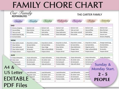 Editable PDF Family Chore Chart, Colorful Family Planner Printable, Weekly Family Schedule, Kids, Adults Chore Chart, Cleaning Schedule Cleaning Schedule For Family Of 4, Chores Calendar For Family, Family Cleaning Schedule Charts Weekly Chores, Family Cleaning Chart, Dividing Household Chores, Family Cleaning Schedule Charts, Family Chore Chart Cleaning Schedules, Chore Schedule For Adults, Chore Chart For Adults Diy