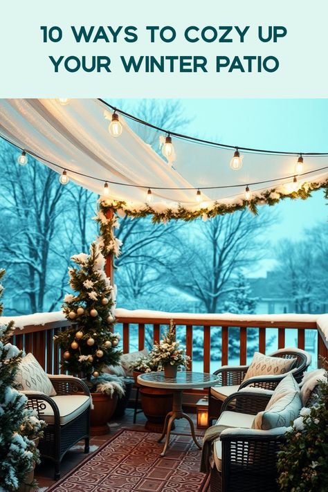 Transform your winter patio into a warm and inviting space with our top 10 cozy ideas! Embrace the cold nights with fun outdoor movie nights under twinkling lights and cozy blankets. From adding windbreaks to creating a fire pit setting, there are so many ways to make the most of your patio during winter. Consider setting up comfortable seating with thick cushions or even adding a hot drink station to give your outdoor gatherings that extra flair. Your winter evenings have never been so inviting and enjoyable! Cozy Winter Porch Ideas, Winter Backyard Ideas Cold Weather, Winter Terrace Ideas, Winter Patio Decorating Ideas, Patio Winter Decor, Winter Deck Decorating Ideas, Bonfire Party Ideas Backyard Winter, Winter Deck Ideas, Winter Patio Decor