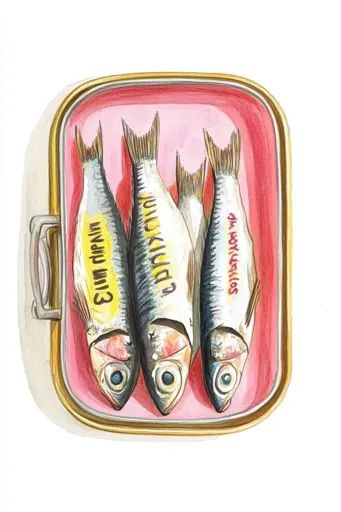 ↑↑↑ Larger size on website 🔸 The image is a watercolor painting of a can of sardines. The can is open and three sardines are visi Can Of Sardines, Sardine Can, Sardine Tin, Canned Sardines, Retro Food, Tin Art, Kitchen Posters, Kitchen Humor, Retro Recipes