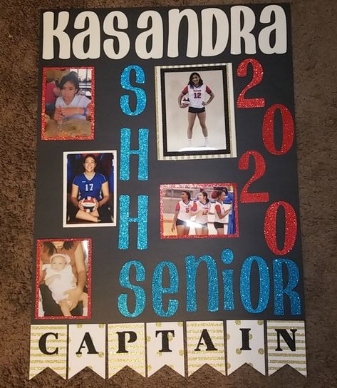 Senior night poster made by cricut lettering. Letters easily glued on by glue stick to poster board and pictures taped on. #seniornight #senior #volleyball #captain #seniorposter Senior Night Posters Gymnastics, Senior Poster Board Ideas Field Hockey, Volleyball Poster Ideas For Players Diy, Senior Volleyball Poster Boards, Senior Swim Poster Ideas, Field Hockey Senior Night Posters, Xc Senior Night Posters, Band Senior Night Posters, Cheer Senior Posters