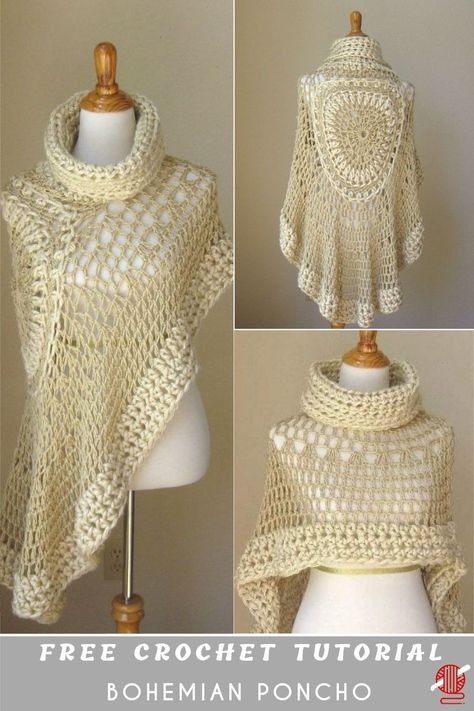 Miracle Angel Crochet Poncho Scarf Free. This beautiful project has a name  "Beige Bohemian Poncho", supposedly.This extremely beautiful poncho. Unfortunately, when we tried to figure out the source free pattern we can't find it. But it has several realizations therein with the tutorials, video, and pictures. Both we presented. Enjoy. One Arm Sweater, Poncho Pattern Free, Free Crochet Shawl Patterns, Poncho Scarf, Crochet Charts, Crochet Poncho Free Pattern, Poncho Crochet, Gilet Crochet, شال كروشيه