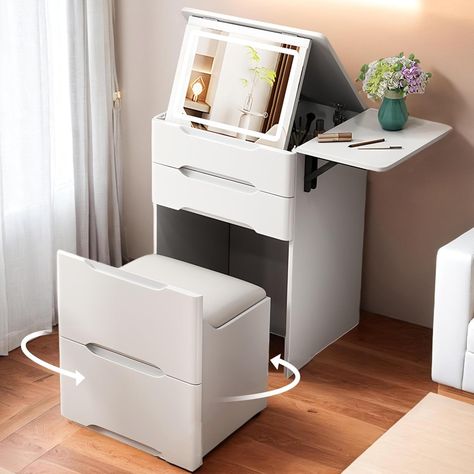 Vanity Desk with Mirror and Lights, Compact Vanity with 3 Drawers, Makeup Vanity with Stool Storage, Rv Makeup Vanity, Vanity With Mirror And Lights, Vanity With Lighted Mirror, White Vanity Desk, Stool Storage, Compact Vanity, Vanity Desk With Mirror, Camping Gear Survival, Desk With Mirror