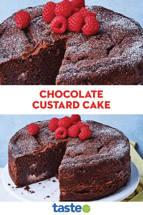 An easy yet impressive chocolate custard cake that is beautifully tender and moist. With layers of chocolate and custard, there is truly nothing better. Chocolate Custard Cake, Merange Cake, Custard Cake Filling Recipe, Coconut Crunch, Custard Cake Recipes, Choc Cake, Xmas Recipes, Mousse Cakes, Baked Cake