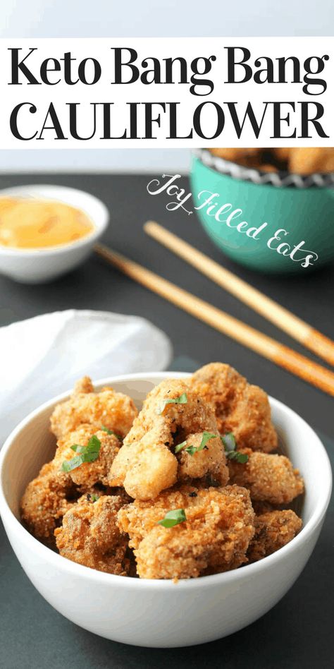 This keto bang bang cauliflower will make you forget you are on a diet! Crisp keto fried cauliflower with a spicy and sweet chili dipping sauce is sure to please your palate! This easy recipe is low carb, keto, gluten-free, grain-free, sugar-free, and Trim Healthy Mama friendly. Bang Bang Cauliflower Recipe, Chili Dipping Sauce, Bang Bang Cauliflower, Sweet Chili Dipping Sauce, Joy Filled Eats, Low Carb Veggies, Low Carb Appetizers, Low Carb Sides, Cauliflower Bites