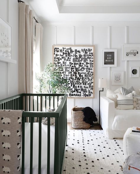 (realize this is a nursery lol) love the rug, color scheme (neutrals with greens and blues) and the art wall with simple wood for texture and dimension and graphic features. Mallory Ervin, Nursery Guest Room, Decorate The Room, Wood Nursery, Baby Room Neutral, Nursery Room Design, Nursery Room Inspiration, Baby Room Design, Nursery Inspo