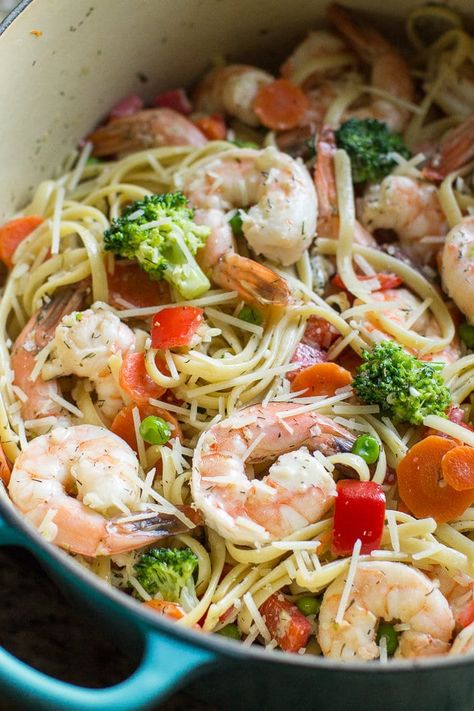 One Pot Shrimp Pasta Primavera | Culinary Hill One Pot Shrimp Pasta, Shrimp Primavera, Shrimp Pasta Primavera, One Pot Shrimp, Creamy Pasta Primavera, Spring Pasta Recipes, Pasta Primavera Recipe, Creamy Shrimp Pasta, Potted Shrimp