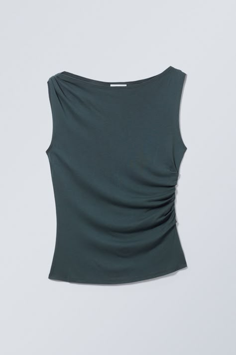 Joan Drape Top - Dark Green - Weekday Draped Top Outfit, Prom Dress Sewing, Dark Green Top, Swedish Street Style, Drape Top, Pretty Shirts, Draped Top, Y2k Top, Knitted Tops