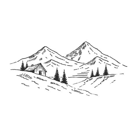 House In Mountains, Mountain Sketch, Harry Potter Art Drawings, Camera Tattoo, Mountain Drawing, Trees Landscape, Sketch Style, Lake Landscape, Landscape Drawings