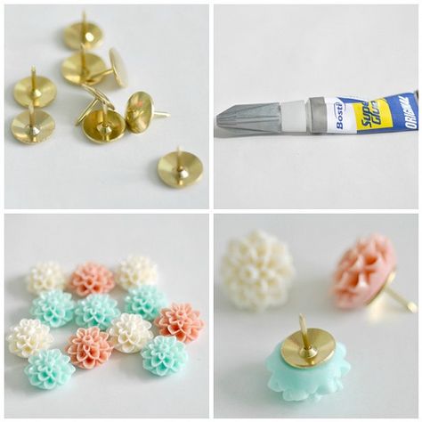 I was looking around for some pretty thumbtacks for my new pin board that I am in the process of designing but couldn't find anything that fitted the bill. In the end I decided to make my own using some pretty cabochons, from Etsy seller Baubles of Fun, in colours to match my craft room. So quick and easy!    Pretty thumbtacks    Tools and material Cubical Ideas, Office Stationary, Cubicle Decor, Diy Office, Memo Boards, Cubicle, Diy Schmuck, Pin Board, Islamic Calligraphy