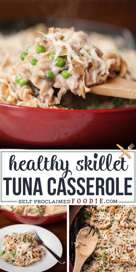 Healthy Tuna Casserole is an easy dinner recipe and full of fresh and wholesome comfort food ingredients like whole wheat pasta and a creamy mushroom sauce. #tunacasserole #healthy #homemade Healthy Tuna Casserole, Healthy Skillet, Tuna Noodle Casserole Recipe, Tuna Casserole Recipes, Noodle Casserole Recipes, Dinner Quick, Healthy Tuna, Tuna Noodle, Tuna Casserole