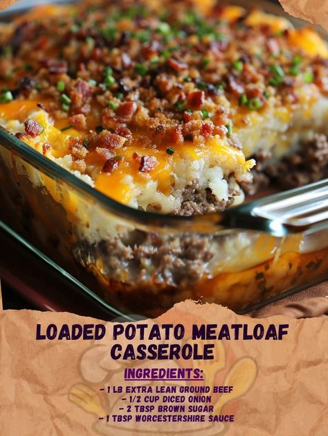 Bacon Topped Meatloaf, Loaded Potato Meatloaf, Potato Meatloaf Casserole, Savory Meatloaf, Meatloaf Casserole, Instant Mashed Potatoes, Lamb Dishes, Loaded Potato, Beef Casserole Recipes