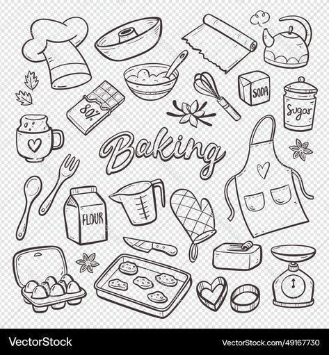 Baking Doodles Drawing, Cute Food Sketches, Cooking Art Drawing, Food Doodles Easy, Cooking Doodles, Baking Doodles, Kitchen Doodles, Baking Cartoon, Cookbook Scrapbook