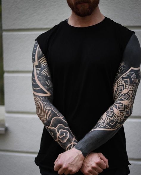 Body Modification Nation Left Hand Tattoo, Tattoo Para, Dotwork Tattoo Mandala, Black Sleeve Tattoo, Dotwork Mandala, Mandala Hand Tattoos, Blackout Tattoo, Men Tattoos Arm Sleeve, White Ink Tattoo