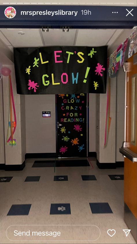 Neon Door Decorations Classroom, Bookfair Themes, Book Fair Themes, School Event Themes, Literacy Night Themes, Cheer Themes, Dark Classroom, Family Literacy Night Activities, Literacy Night Activities