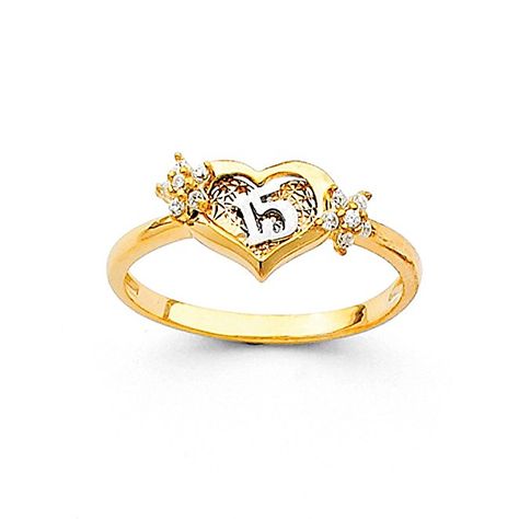 14K Yellow Solid Gold 15 Years Quinceanera Birthday Cubic Zirconia CZ Heart Ring Quinceanera Jewelry, Flowers Love, Gold Anniversary, Heart Shaped Rings, Right Hand Rings, Engagement Ring Sizes, Heart Shaped Diamond, Rings Jewelry Fashion, Gold Heart