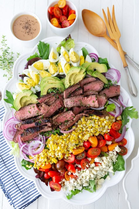 Grilled Steak Cobb Salad Steak Salads For Dinner, Cobb Salad For A Crowd, Dressing For Steak Salad, Salad For Dinner Party, Salads With Steak, Steak Salad Recipes For Dinner, Beef Salad Recipes, Steak Cobb Salad, Healthy Cobb Salad