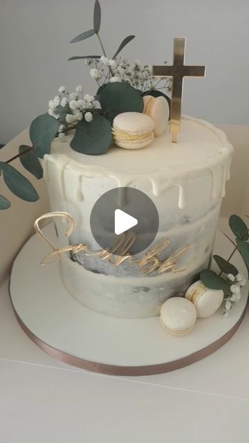 Gorgeous semi naked chocolate biscuit cake with a white drip. Decorated with eucalyptus and handmade macaroons. Finished with acrylic toppers. Chocolate Biscuit Cake, Confirmation Cakes, Biscuit Cake, Christening Cake, Family Celebrations, Dublin Ireland, Macaroons, Rustic Charm, Christening