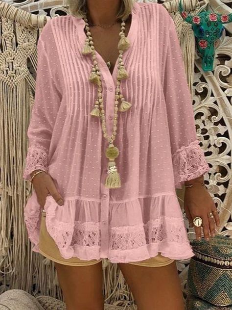 New Plus Size Lace Blouses Shirts – bonboho Pink Plain, Women Lace Blouse, Chic Fashionista, Boho Styl, Formal Tops, Lace Chiffon, Beautiful Clothes, Dresses Women, Casual Lace