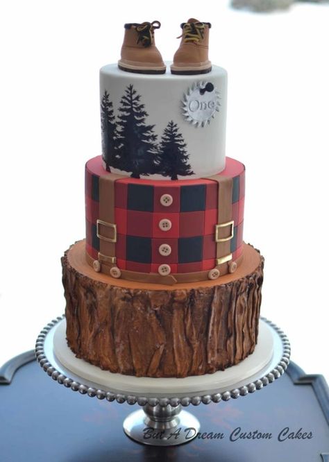 Lumberjack Cake by Elisabeth Palatiello Lumberjack Cake, Plaid Baby Shower, Lumberjack Birthday Party, Lumberjack Baby Shower, Lumberjack Baby, Lumberjack Birthday, Gateaux Cake, Baby Shower Decorations For Boys, Fiesta Baby Shower