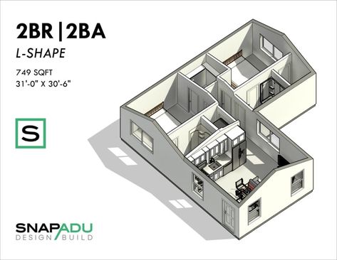 L-Shaped ADU Floorplan - 2 Bedroom plan under 750 sqft Adu Floor Plans 2 Bedroom, L Shaped Tiny House, 2 Bedroom Plan, 3 Bedroom Plan, Granny Flat Plans, Flat Plan, Bedroom Plan, Story Planning, Imperial Beach