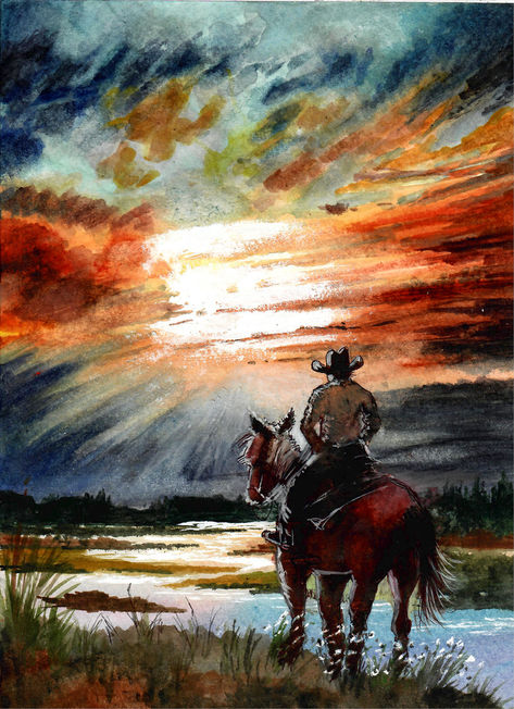 Cowboy Art Prints - These 50+ watercolor paintings depict cowboys herding cattle, riding horses, cowboys with their faithful dogs and cowboys in sunsets and many beautiful landscapes.   The signed art print comes in a mat ready for the buyer's frame. It is shipped free of freight charges to all destinations within the U.S.   Click on the link below to see all of the cowboy art prints available. Some ORIGINALS are still available for the buyer. All are shipped in mats and signed by the artist Old Cowboy Paintings, Cowboy Watercolor Paintings, Western Painting Ideas On Canvas, Swamp Sunset, Western Watercolor, Wall Decor Western, Herding Cattle, Famous Art Paintings, Sunset Wall Decor