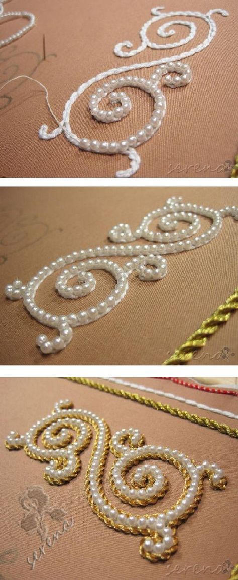 Traditional Russian Pearl-embroidery beading. Bel, then pearls, then gold cord. Tambour Beading, Pearl Embroidery, Tambour Embroidery, Pola Sulam, Embroidery Designs Fashion, Embroidery Fabric, Embroidery Fashion, Embroidery Inspiration, Embroidery Tutorials