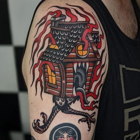 Traditional Monster Tattoo, Monster House Tattoo, Baba Yaga House Tattoo, Baba Yaga Tattoo, Tattoo Sleeve Traditional, Babayaga Tattoo, Monster Tattoos, Traditional Tattoo Halloween, Folk Tattoo