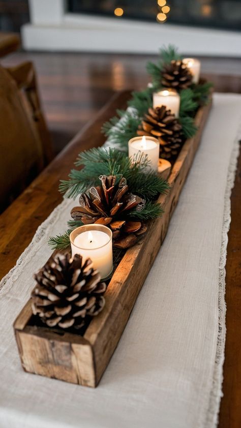 Transform your living room into a cozy winter wonderland with these rustic Christmas decor ideas From simple and modern DIY projects to elegant white decorations get inspired with natural and farmhouse-inspired elements for a country and easy living room aesthetic Pine Home Decor, Winter Eucalyptus Decor, Christmas Decor Ideas Reindeer, Winter Decor Minimalist, Cozy Rustic Aesthetic, Small Christmas Decor Ideas, Winter Rustic Decor, Rustic Christmas Decorations Living Room, Christmas Decor Ideas Entry Table