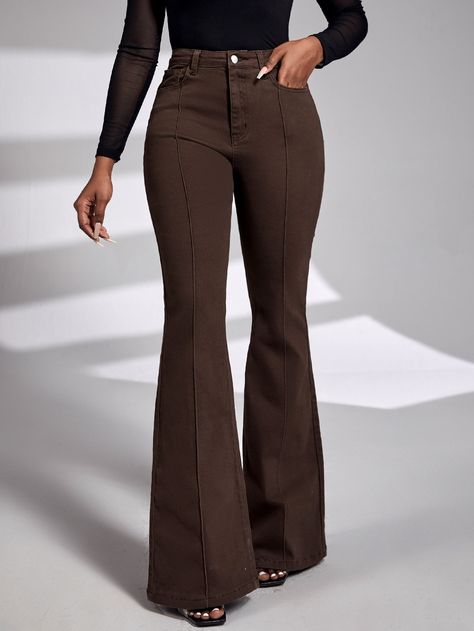 Chocolate Brown  Collar  Denim Plain Flare Leg Embellished Slight Stretch  Women Clothing Brown Jeans Outfit Women, Brown Jeans Outfit, Brown Flares, Brown Jeans, Flared Leggings, Flare Leg Jeans, Petite Women, Women Denim Jeans, Denim Flares