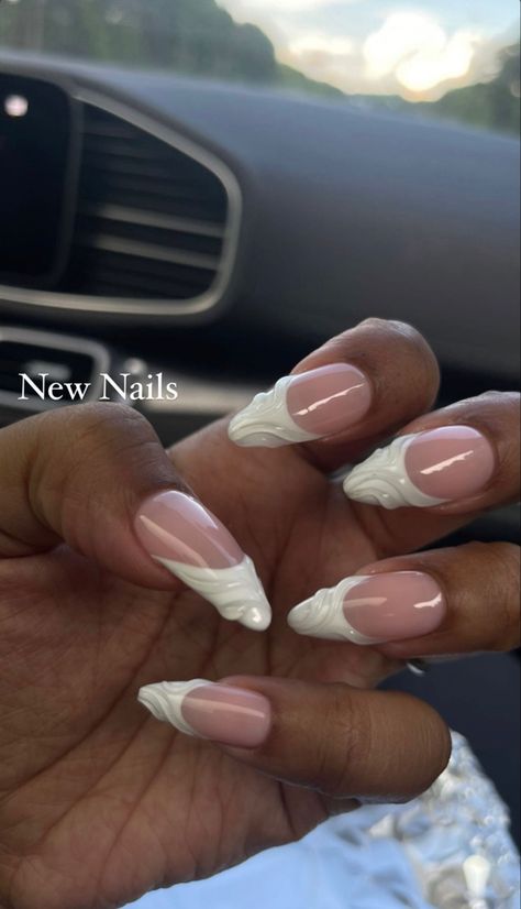 French Tip With 3d Gel, Low French Tip Nails Almond, Pearl Flower Nails, Almond 3d Nails, 3d Almond Nails, French 3d Nail Art, Textured French Tip Nails, Almond White Nails Design, Pearl Nails French Tip