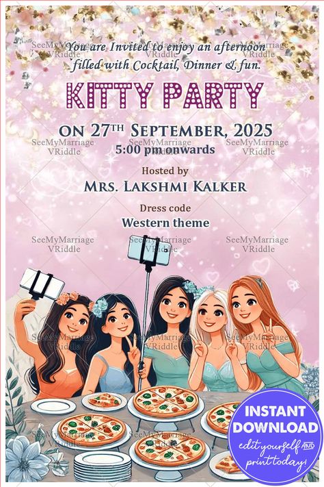 Fun Filled Kitty Party Invitation with Soft Pink Theme and Sparkling Stars Background Invitation Card For Kitty Party, Kitty Invitation Message Ladies, Ladies Kitty Party Invitation Card, Kitty Party Invitation Card Design, Kitty Party Invitation Message, Dress Code Theme, Kitty Invitation Card, Kitty Party Invitation, Kitty Invite