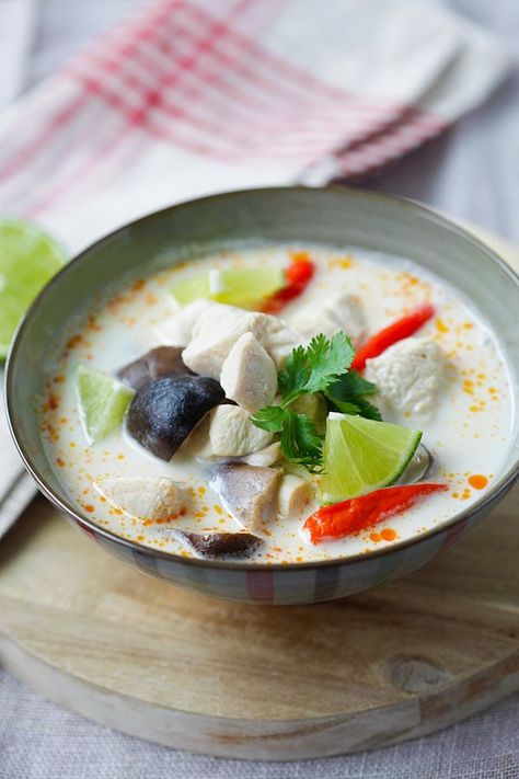 Thai Chicken Galangal Soup (Tom Kha Gai): Quick and easy Tom Kha soup with chicken, mushroom and coconut milk in a bowl. Tom Kha Soup, Coconut Chicken Soup, Thai Coconut Chicken Soup, Thai Coconut Chicken, Tom Kha Gai, Tom Kha, Rasa Malaysia, Chicken Mushroom, Coconut Soup