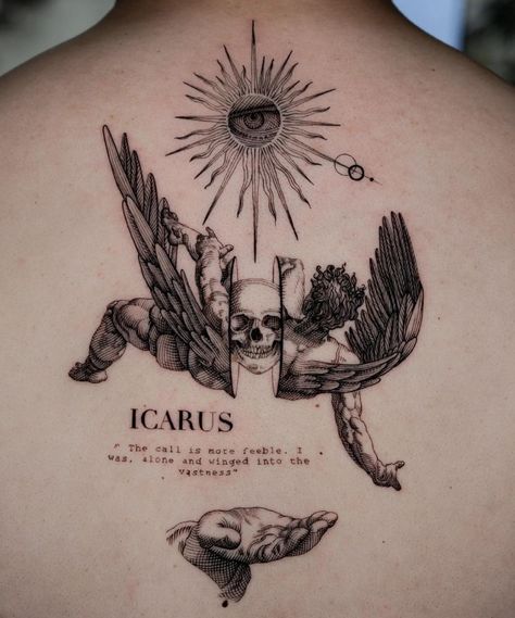 Icarus Tattoo, Memento Mori Tattoo, Atlas Tattoo, Cool Back Tattoos, Tatuagem Masculina Pequena, Small Chest Tattoos, L Tattoo, Back Piece Tattoo, Greek Mythology Tattoos