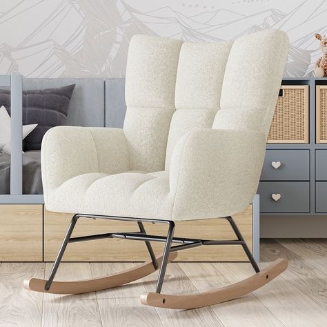 BELLEZE Lucy Upholstered Rocking Chair - White - Bed Bath & Beyond - 38162569 Rocker Bedroom, Teddy Chair, Glider Cushions, Chair Nursery, Wooden Rocker, Chair For Bedroom, Upholstered Rocking Chairs, Comfy Accent Chairs, Glider Rocking Chair