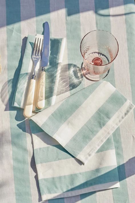 Striped Linen Tablecloth, Turquoise Tablecloth, Spritz Party, Tablecloth Ideas, Striped Tablecloth, Starter Plates, Striped Tablecloths, Pool Party Decorations, Gather Round