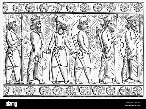 Download this stock image: Carved relief of soldiers of Persepolis, the ceremonial capital of the Achaemenid - or First Persian - Empire (ca. 550–330 BCE). It is situated 60 km northeast of the city of Shiraz in Fars Province, Iran. - TWM2N9 from Alamy's library of millions of high resolution stock photos, illustrations and vectors. Persian Tattoo Iran, Lion Mural, Ancient Persian Art, Persian Tattoo, African Tattoo, Cow Illustration, Iran Pictures, History Tattoos, Persian Architecture