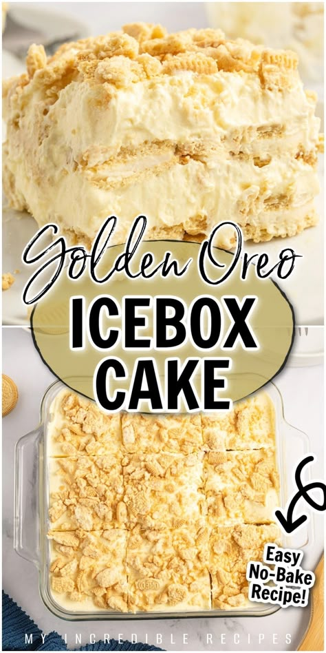 Golden Oreo icebox cake is a simple and cold dessert that's great for summer. This cake is made with layers of a creamy vanilla filling and Golden Oreos. Golden Oreo icebox cake is great for any occasion from parties to holidays to a quiet meal at home. This cold cake is the perfect dessert that Oreo lovers will enjoy. Try this easy recipe for Golden Oreo icebox cake today! Golden Oreo Recipes, Oreo Icebox Cake, Icebox Desserts, Vanilla Oreo, Icebox Cakes, Icebox Cake Recipes, Golden Oreo, Cold Cake, Vanilla Filling