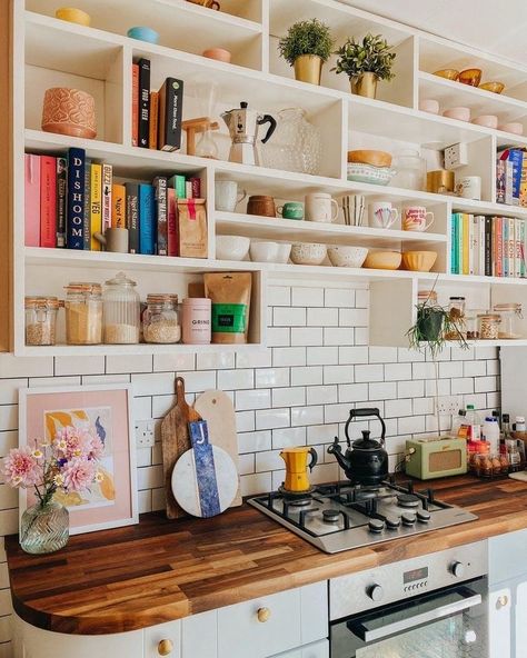 Kitchen Nook Shelving Ideas, Casita Ideas, Interior Design Per La Casa, Coffee Nook, Boho Eclectic, White Cabinets, Home Decor Kitchen, 인테리어 디자인, Dream Kitchen