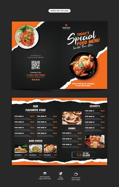 Food menu and restaurant bifold brochure... | Free Psd #Freepik #freepsd #banner #brochure #flyer #food Modern Restaurant Menu Design, Menu Burger, Restaurant Brochures, Brochure Food, Bbq Menu, Menu Flyer, Food Menu Template, Menu Design Template, Restaurant Menu Template