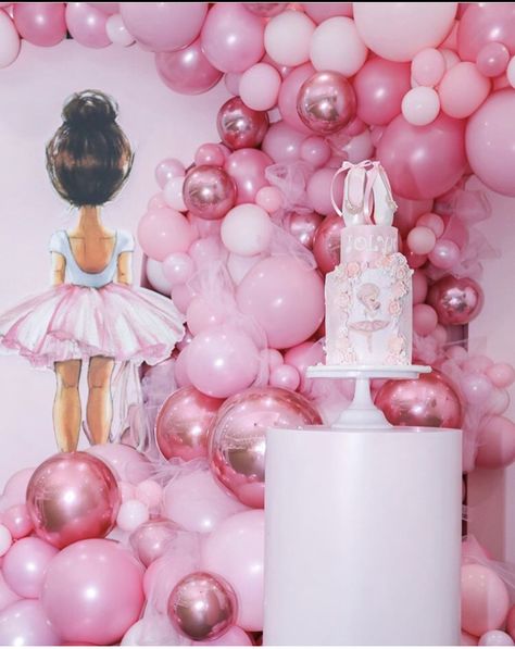 Ballerina Balloon Garland, Ballerina Birthday Photoshoot Ideas, Ballerina Balloon Decoration, Ballet Backdrop, Ballerina Birthday Balloons, Ballerina Party Backdrop, Ballerina Birthday Backdrop, Ballerina Birthday Party Decorations, Ballerina Birthday Cake