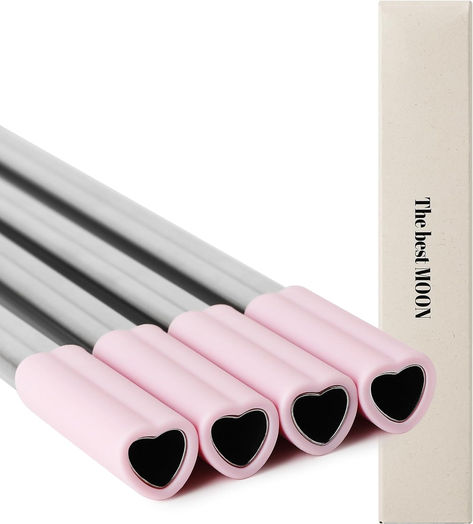 Reusable Metal Straws with Pink Silicone tips Heart Straws, Moon Set, Reusable Straws, Moon Setting, Coffee Tumbler, Stainless Steel Straws, Sustainable Packaging, Metal Straws, Christmas Birthday Gifts