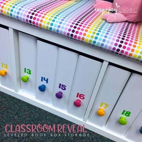 Love this Leveled Book Boxes / classroom seating! Awesome, inexpensive and effective classroom set up ideas! Book Boxes Classroom, Classroom Set Up Ideas, Ikea Classroom, Classroom Shelves, Flexible Seating Classroom, Set Up Ideas, Classroom Style, Classroom Hacks, Diy Seating