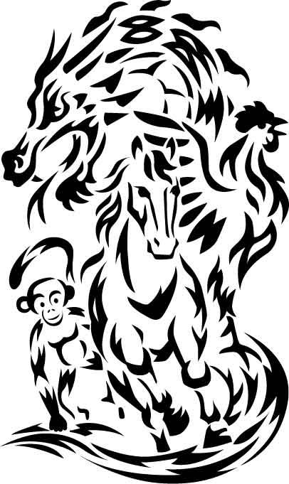 Chinese Zodiac, tribal tattoo design with dragon, monkey, horse and rooster. Meaningful Cover Up Tattoos, Wrist Tattoos Traditional, Short Hairstyles Male, Hairstyles High Bun, Tattoo Designs Dragon, Chinese Star Signs, Cover Up Tattoos For Men, Hairstyles High, Font Tato